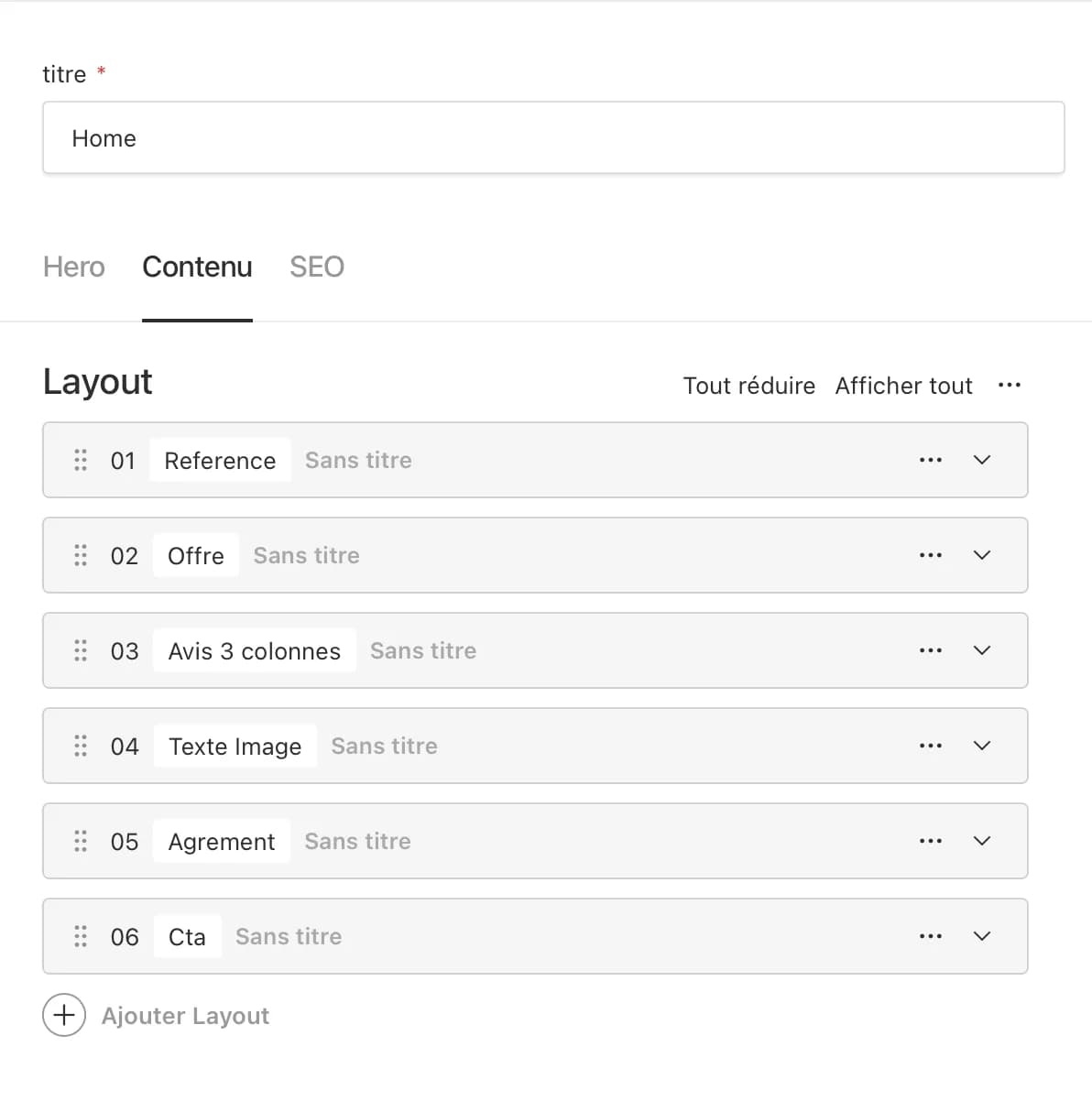 Démonstration des ajouts de blocs sur Payload CMS – interface d’administration