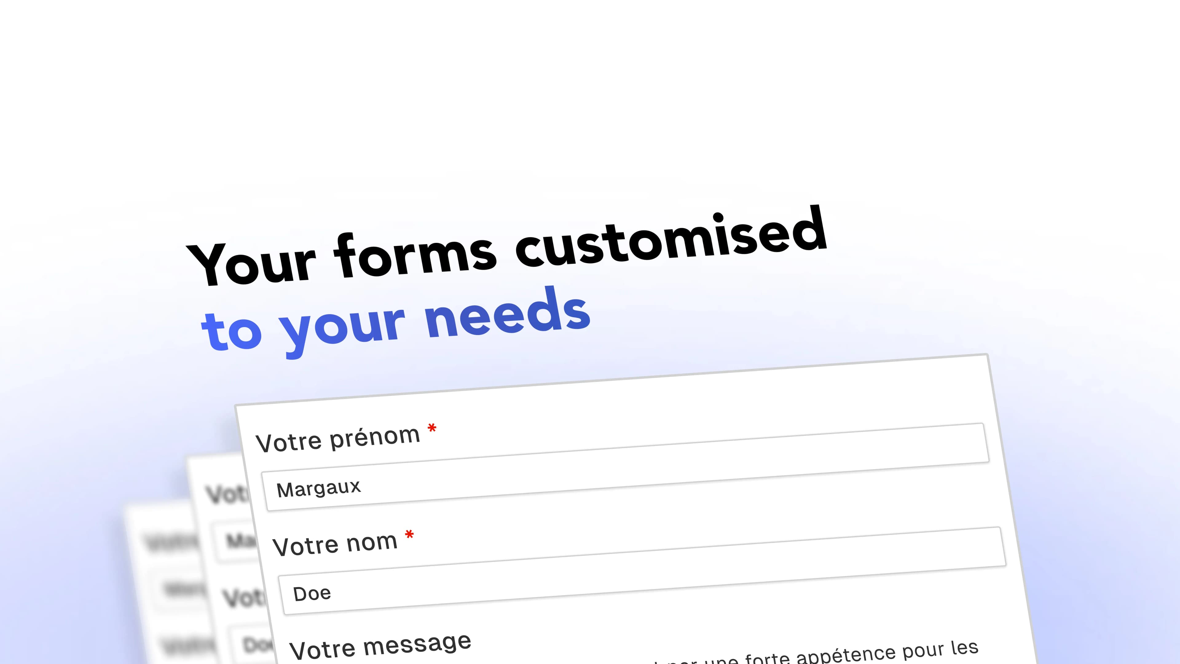 Illustration of a custom 3D contact form with first name, last name, and message fields.