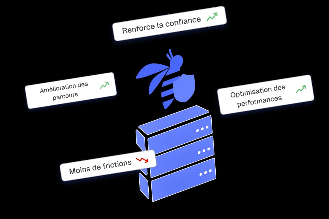 Illustration du logo abeille de Beease avec un bouclier au-dessus d’un serveur, entouré des mots « confiance », « performances », « parcours améliorés » et « moins de frictions ».